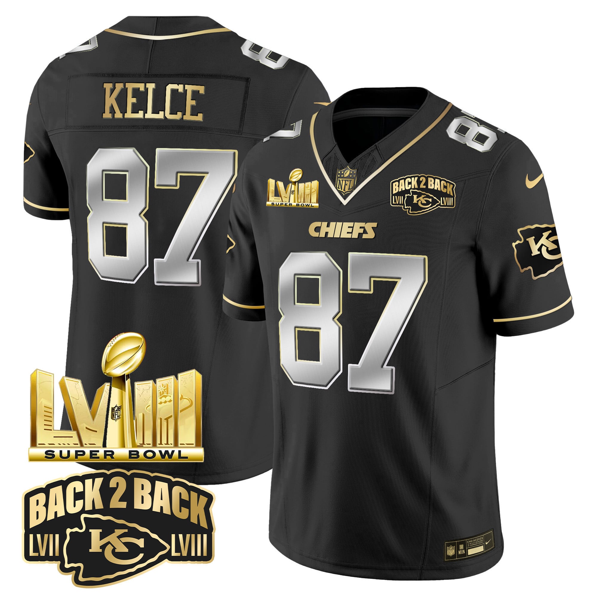 Men's Chiefs Super Bowl LVIII & Back 2 Back Gold Patch Vapor Jersey V2 - All Stitched