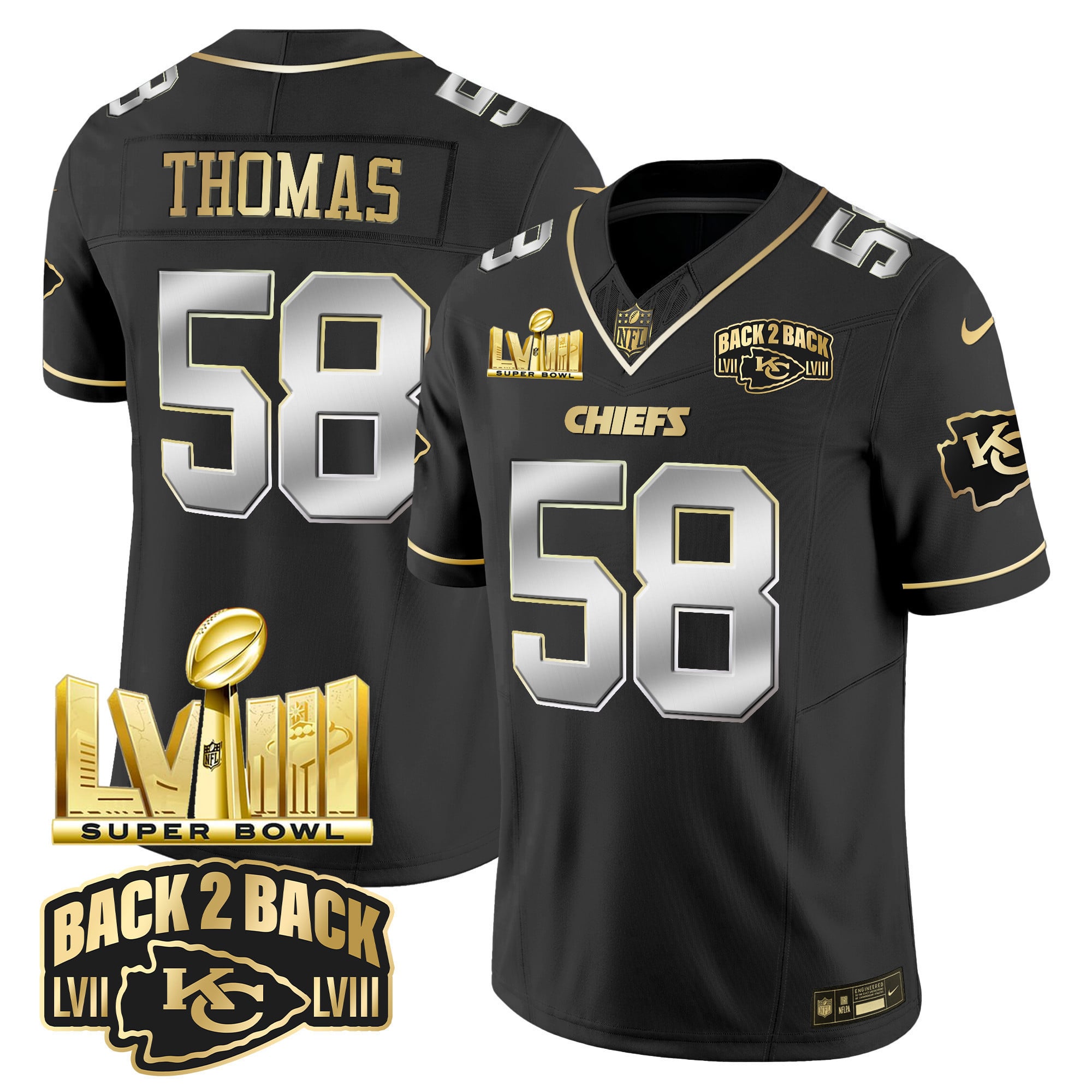 Men's Chiefs Super Bowl LVIII & Back 2 Back Gold Patch Vapor Jersey V2 - All Stitched