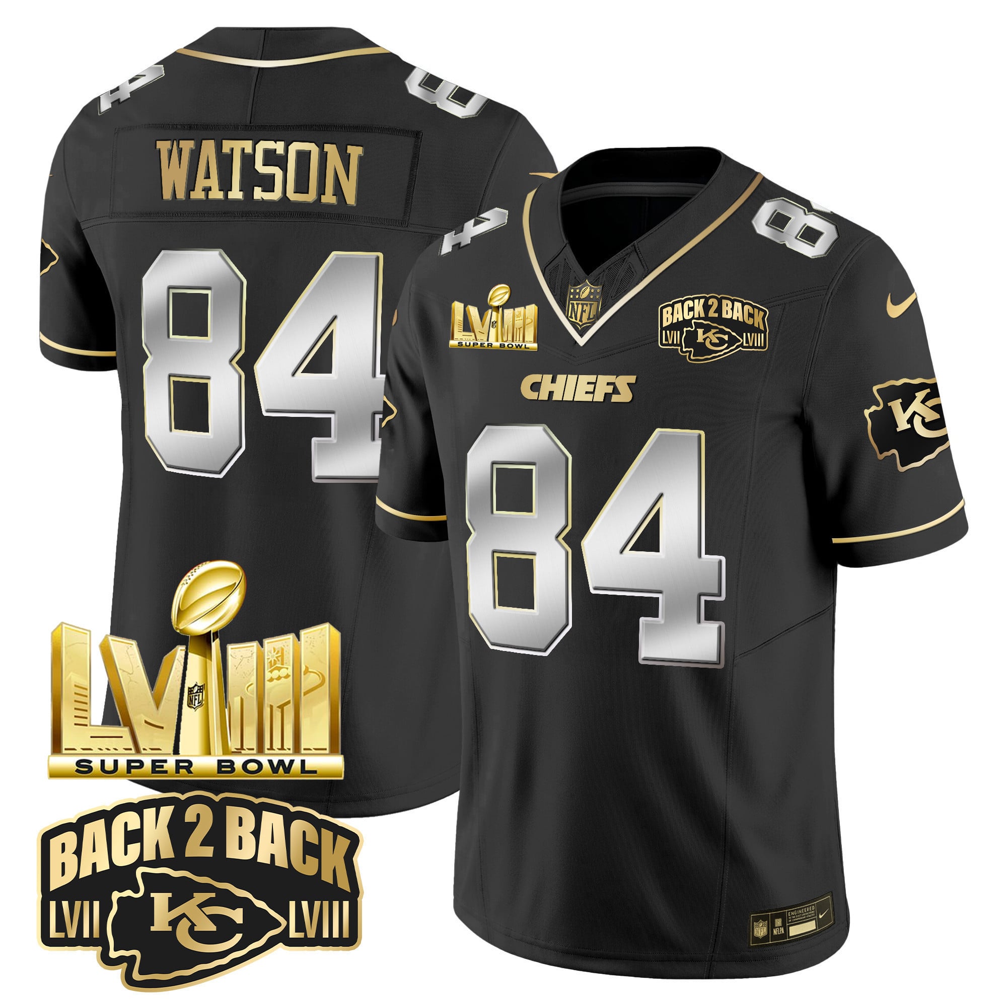 Men's Chiefs Super Bowl LVIII & Back 2 Back Gold Patch Vapor Jersey V2 - All Stitched