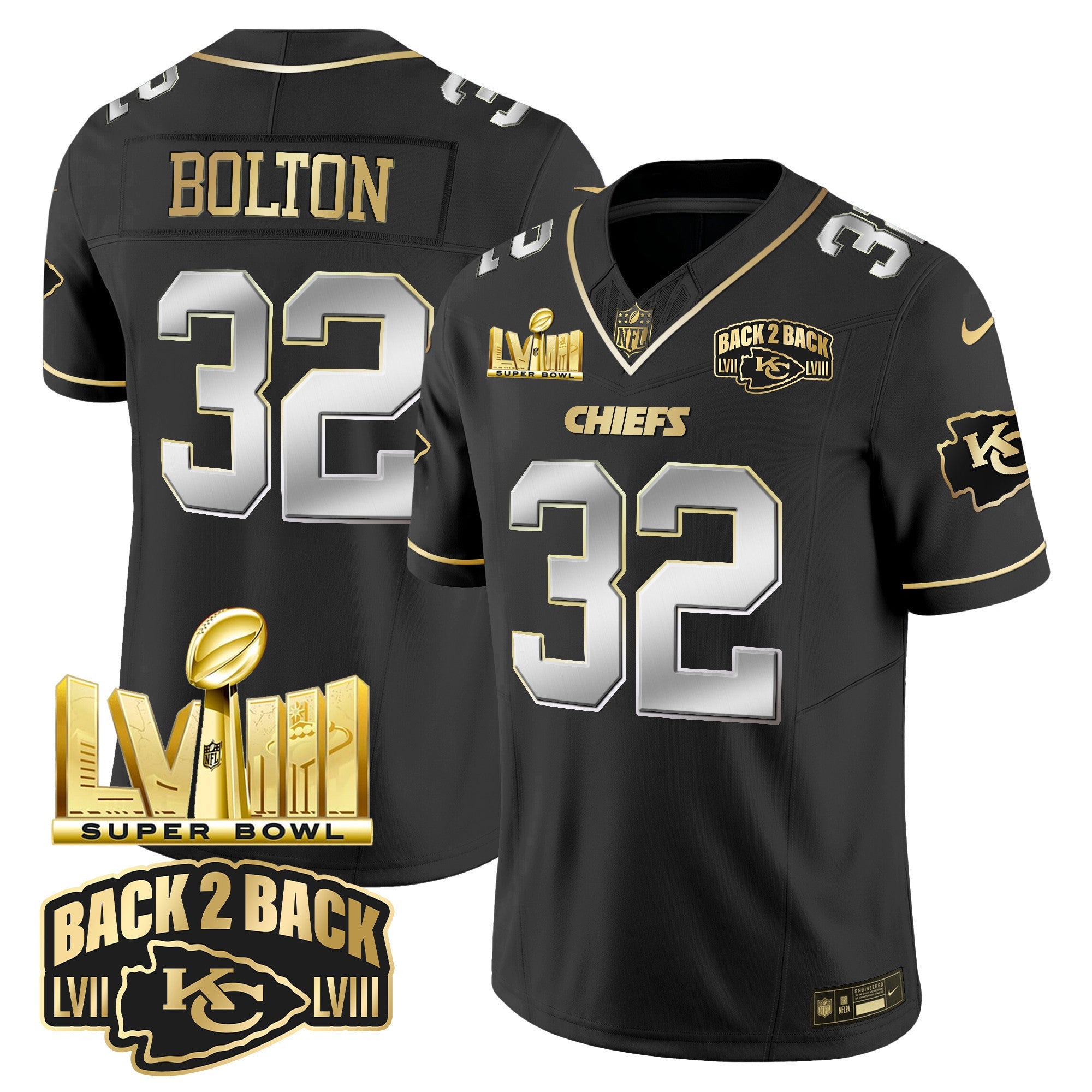 Men's Chiefs Super Bowl LVIII & Back 2 Back Gold Patch Vapor Jersey V2 - All Stitched