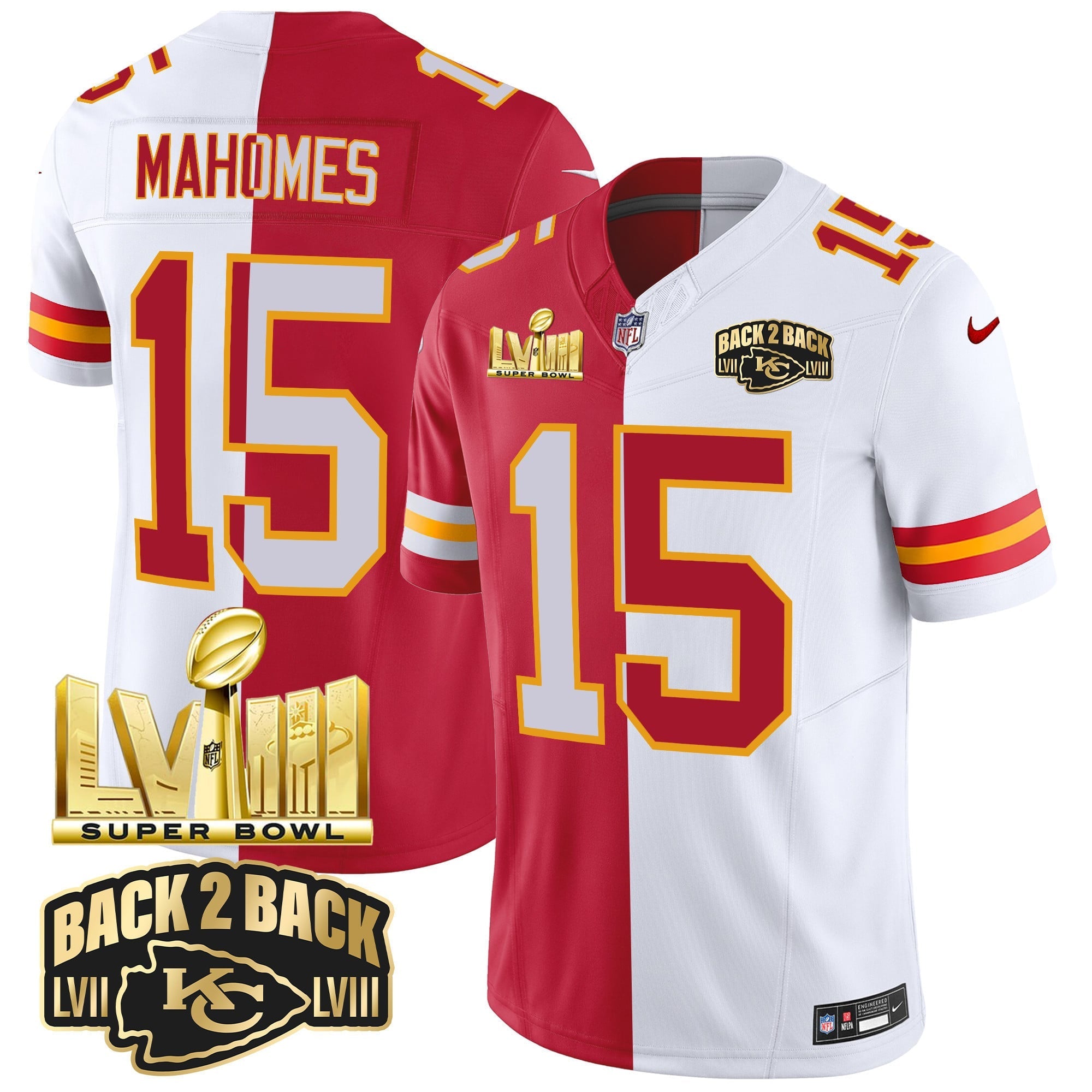 Men's Chiefs Super Bowl LVIII & Back 2 Back Gold Patch Vapor Jersey V2 - All Stitched