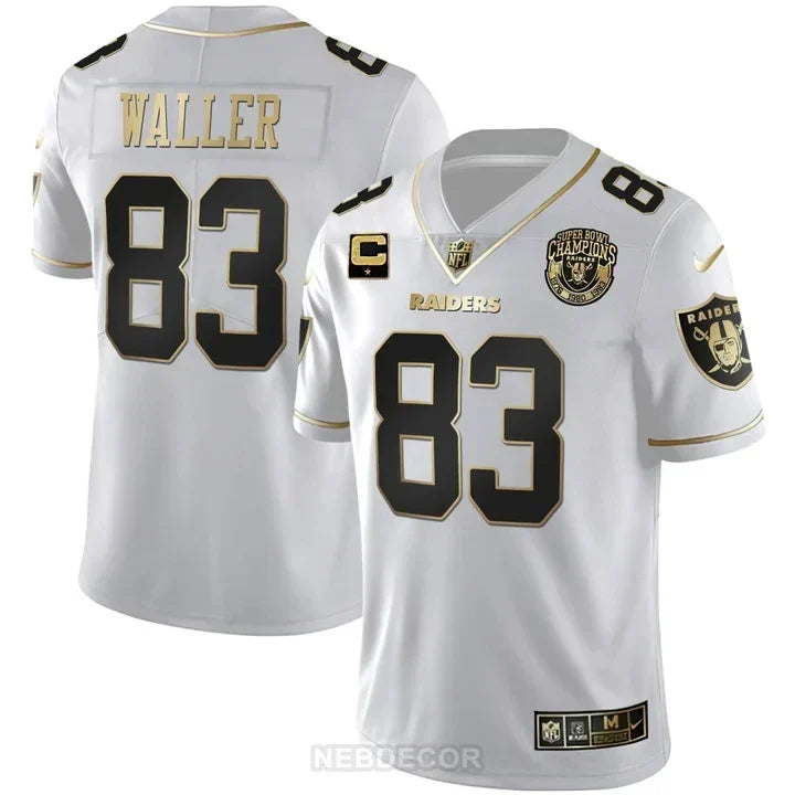 MEN'S RAIDERS SUPER BOWL CHAMPIONS PATCH WHITE GOLD AND BLACK GOLD JERSEY - ALL STITCHED