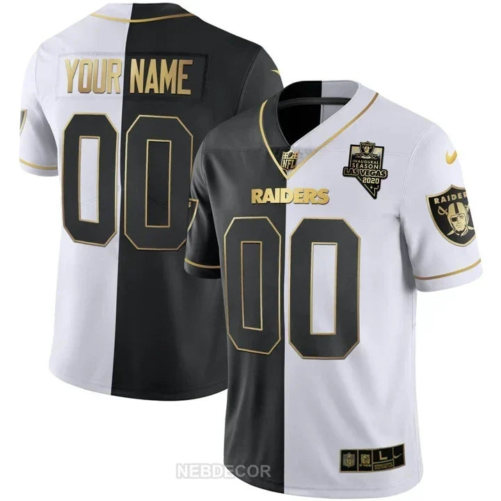 LAS VEGAS RAIDERS INAUGURAL SEASON PATCH GOLD & SPLIT CUSTOM NAME AND NUMBER JERSEY - ALL STITCHED