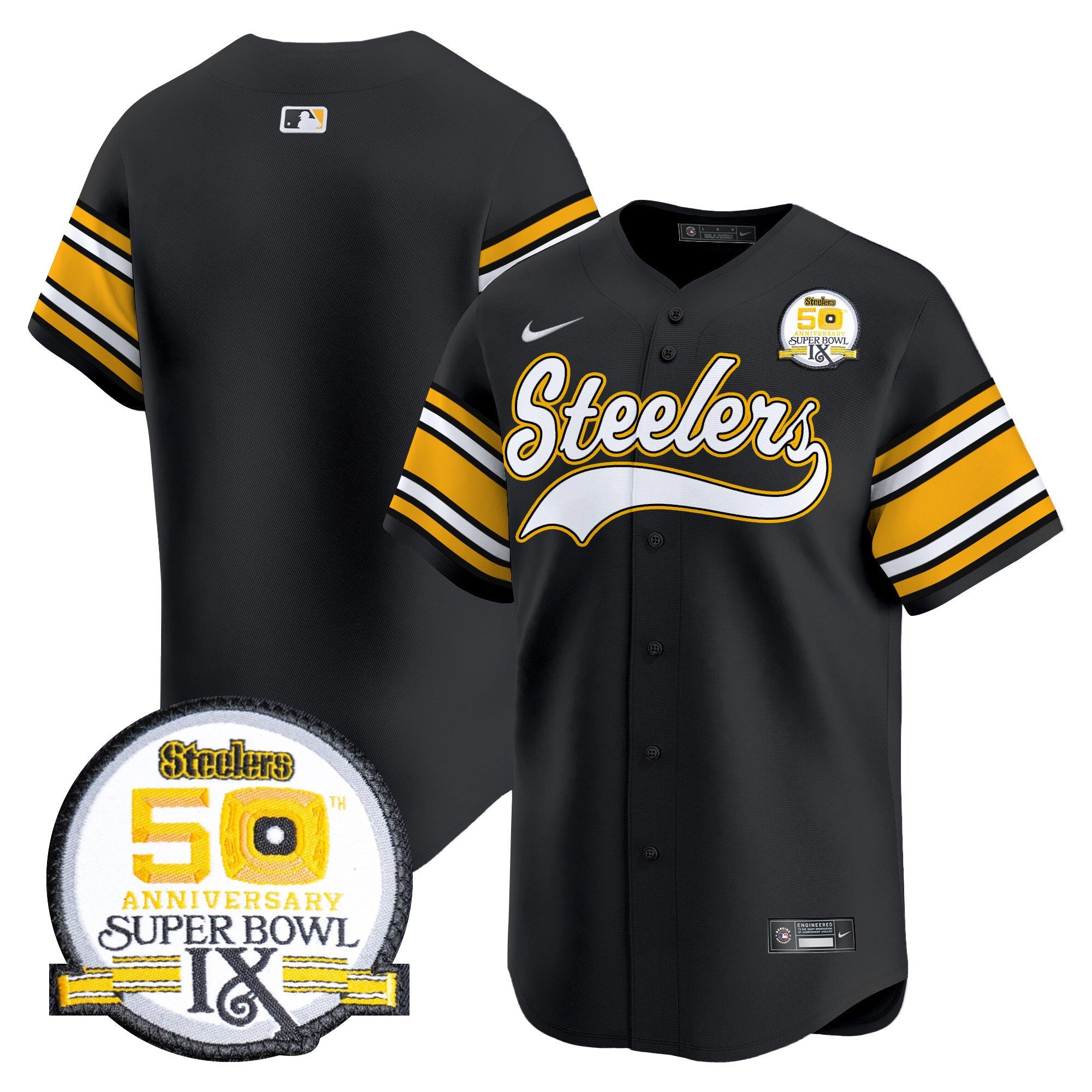 Men's Steelers 50th Anniversary Of Super Bowl IX Patch Vapor Premier Baseball Jersey - All Stitched