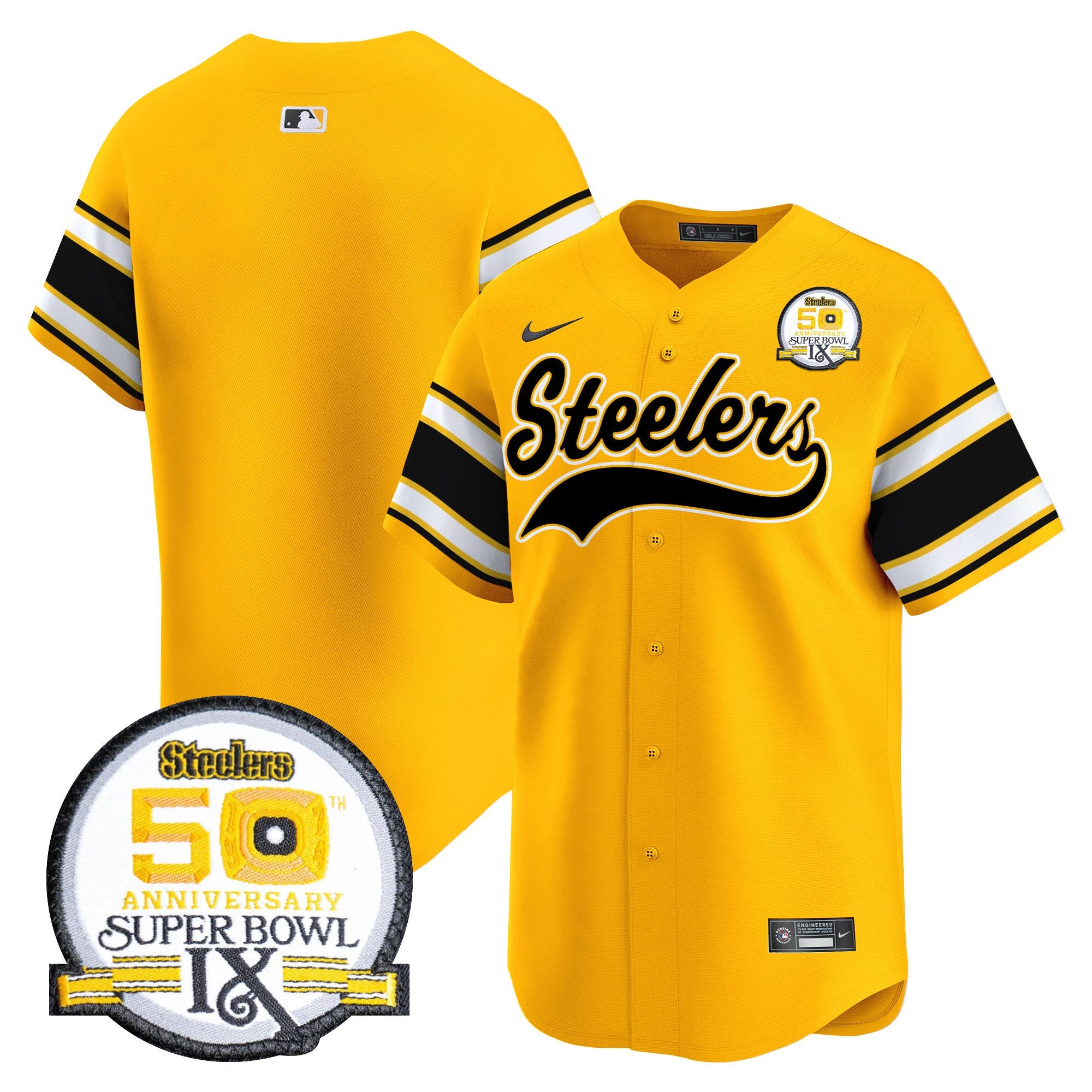Men's Steelers 50th Anniversary Of Super Bowl IX Patch Vapor Premier Baseball Jersey - All Stitched