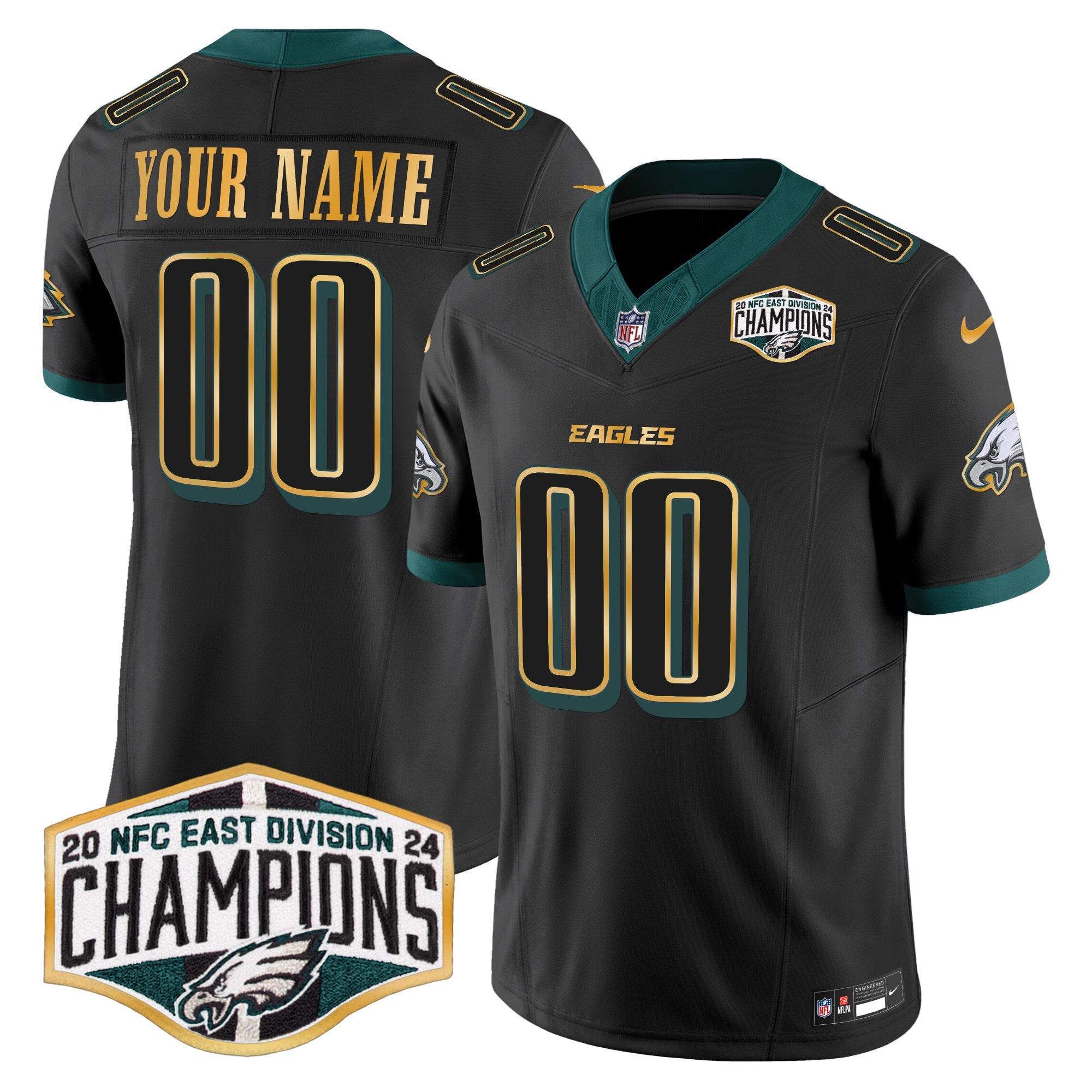 Custom Gender/Name Eagles 2024 NFC East Division Champions Gold Trim Vapor Limited Jersey - All Stitched