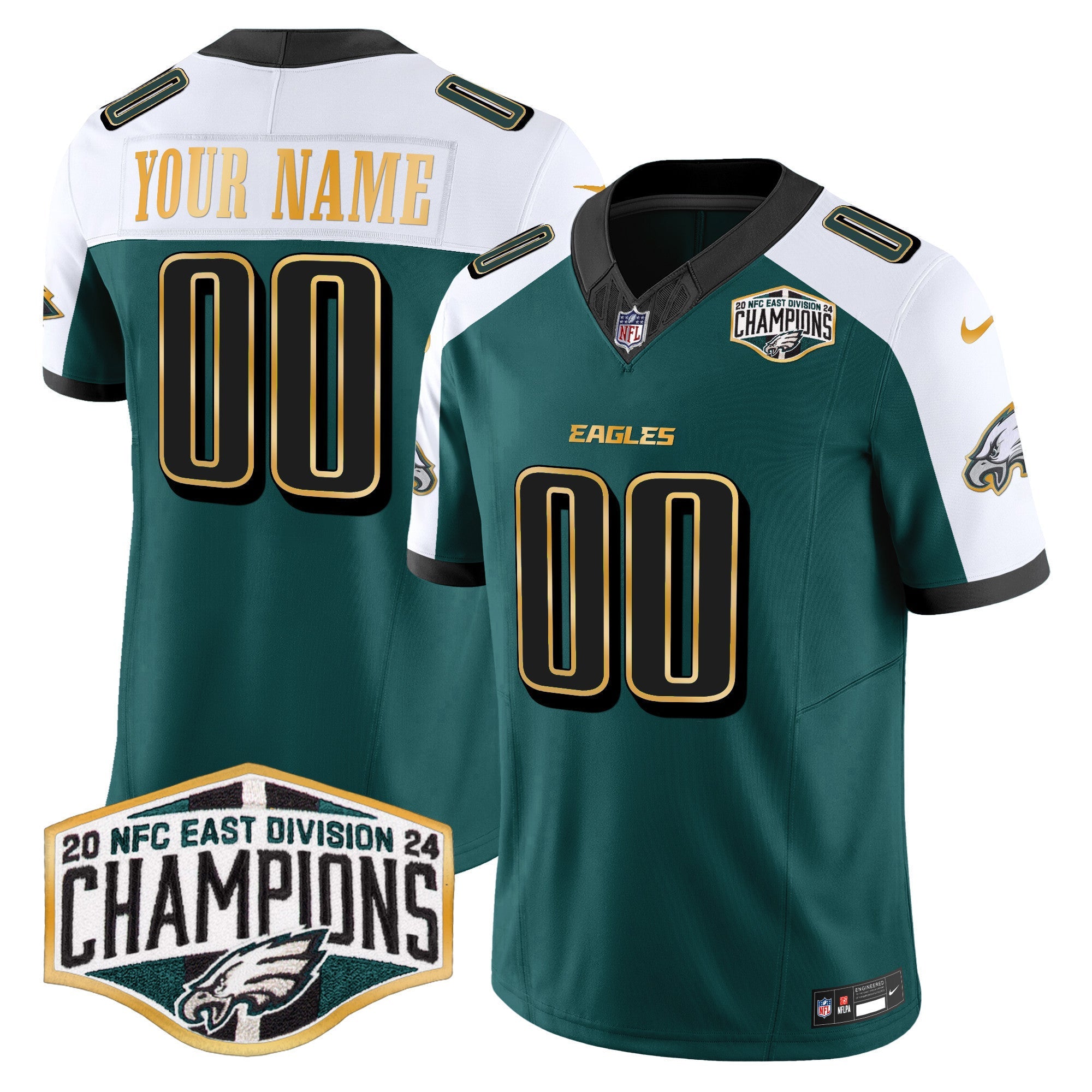 Custom Gender/Name Eagles 2024 NFC East Division Champions Gold Trim Vapor Limited Jersey - All Stitched