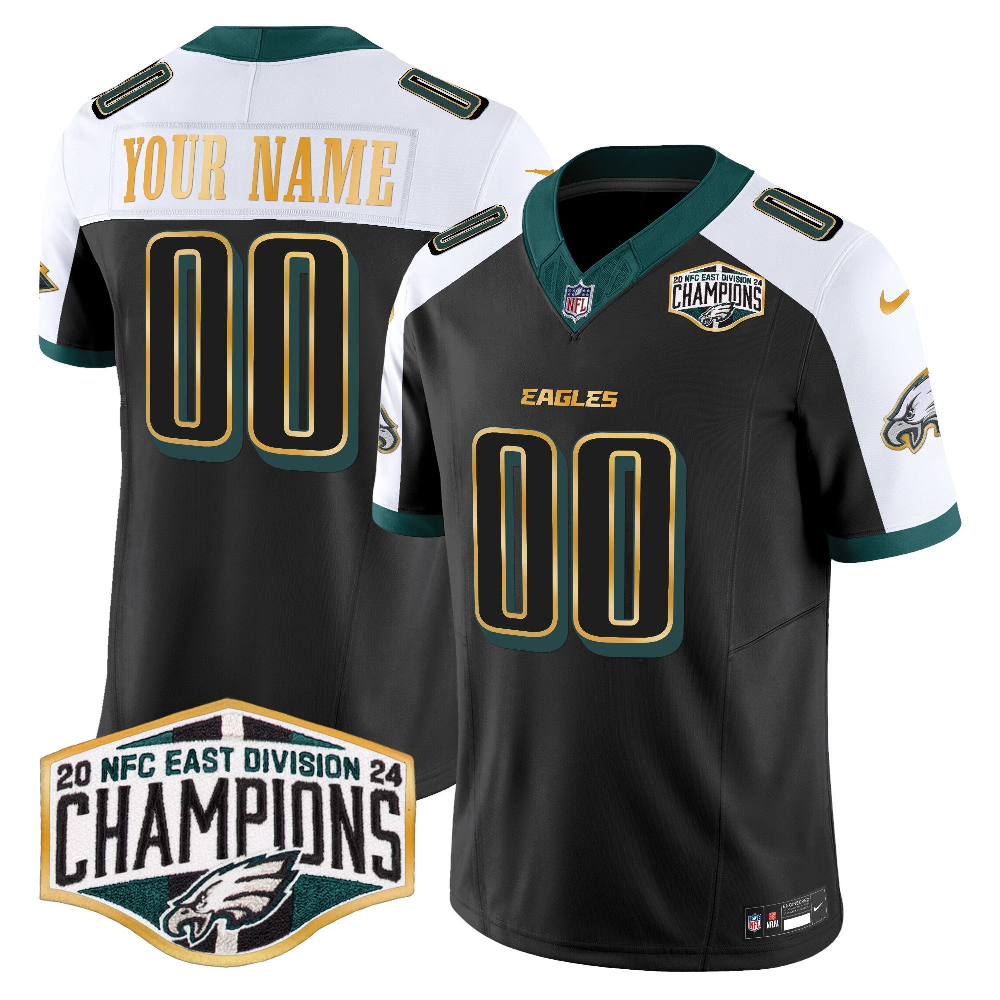 Custom Gender/Name Eagles 2024 NFC East Division Champions Gold Trim Vapor Limited Jersey - All Stitched