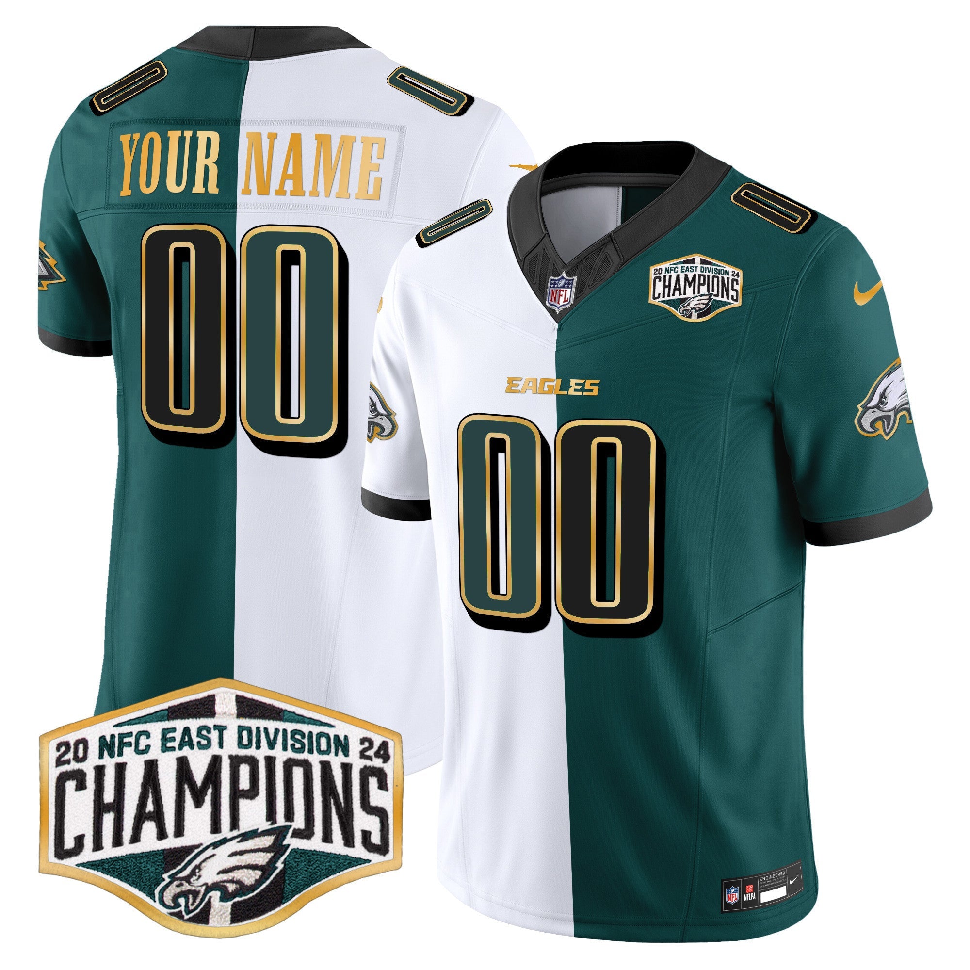 Custom Gender/Name Eagles 2024 NFC East Division Champions Gold Trim Vapor Limited Jersey - All Stitched