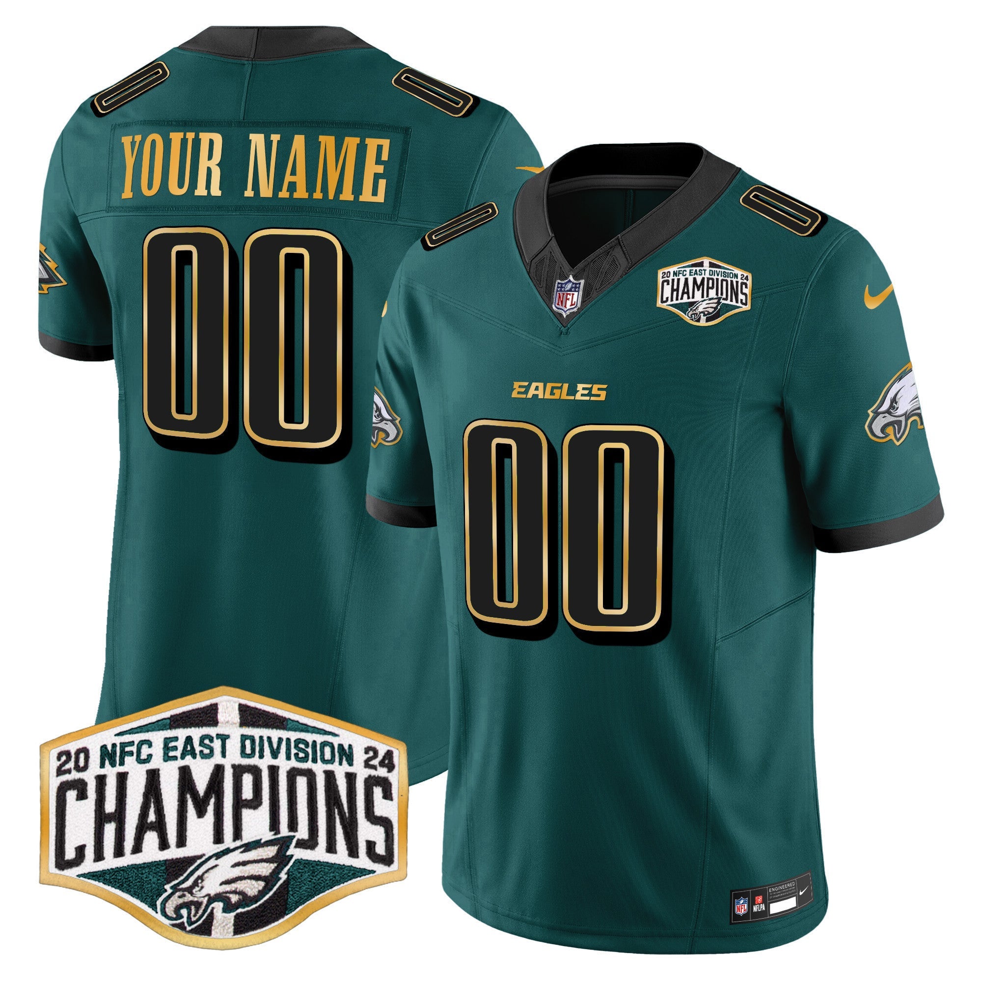 Custom Gender/Name Eagles 2024 NFC East Division Champions Gold Trim Vapor Limited Jersey - All Stitched